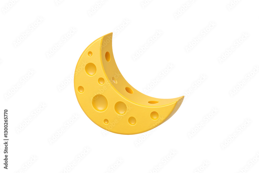 A crescent moon resembling a block of cheese, with round holes and a smooth surface, blending fantasy and humor in an imaginative depiction, isolated on a transparent background A crescent moon resembling a block of cheese, with round holes and a smooth surface, blending fantasy and humor in an imaginative depiction, isolated on a transparent background