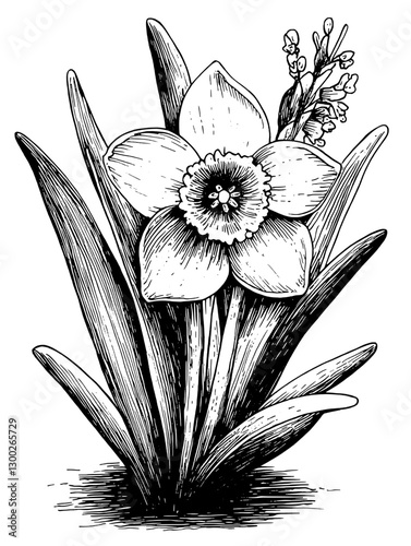 Vector engraved illustration of a detailed daffodil flower with leaves and blossoms