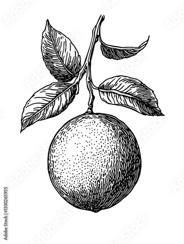 Vintage vector engraved illustration of a ripe orange with leaves on a branch showcasing botanical details and textures