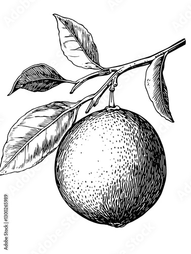 Vector engraved illustration of a citrus fruit branch featuring ripe orange with leaves