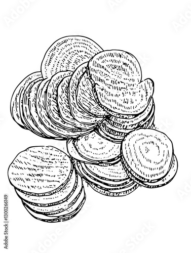 Detailed vector engraving of stacked circular wooden discs arranged artistically in a casual display