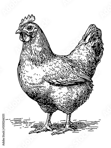 Detailed vector engraved illustration of a proud hen standing elegantly on a farm