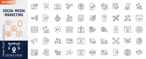 Social media marketing line icon set. Editable stroke. Containing as website, blogging, mail, content, strategy, development, advertisement and more. Vector illustration