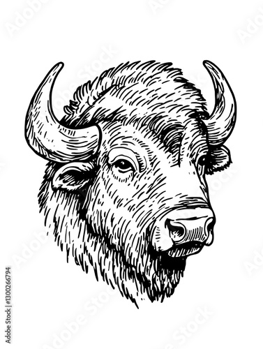 Detailed vector engraving of a bison head showcasing formidable horns and textured fur in a realistic style