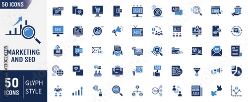 Marketing and seo flat icon set. Containing as website, search, mail, analysis, content, strategy, development, store and more. Vector illustration