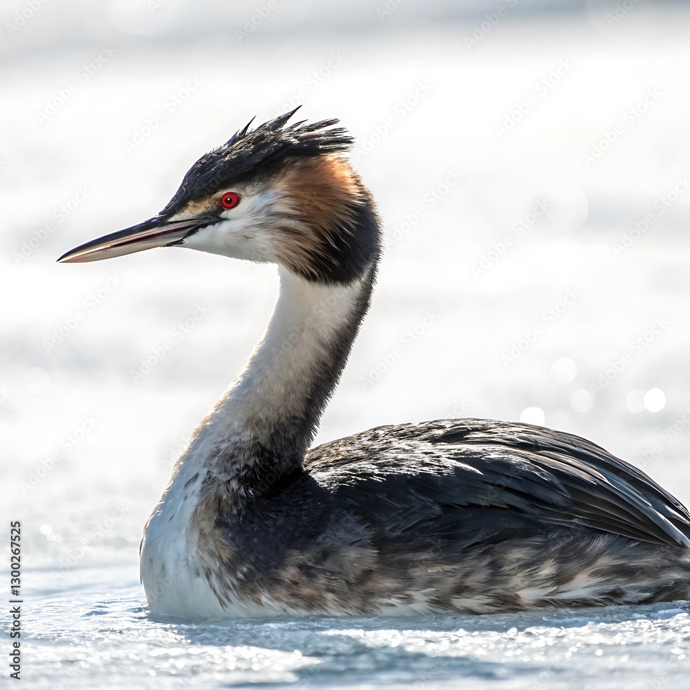 striking grebe bird with vibrant red eyes and a spiky crest, standing out against the soft background of water striking grebe bird with vibrant red eyes and a spiky crest, standing out against the soft background of water