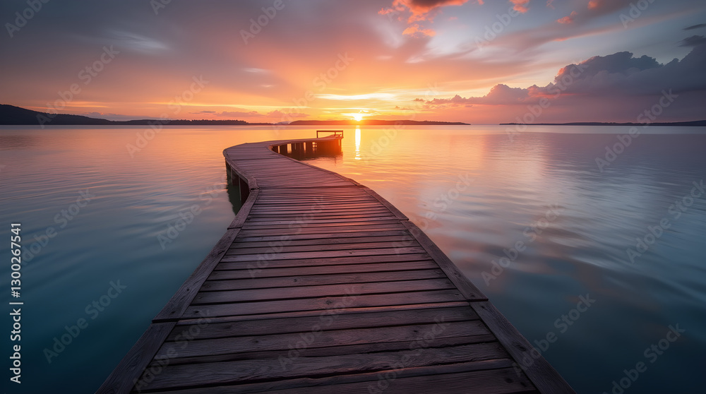 Scenic Wooden Boardwalk at Lake Sunset - Tranquil Orange Sky Nature Landscape Scenic Wooden Boardwalk at Lake Sunset - Tranquil Orange Sky Nature Landscape