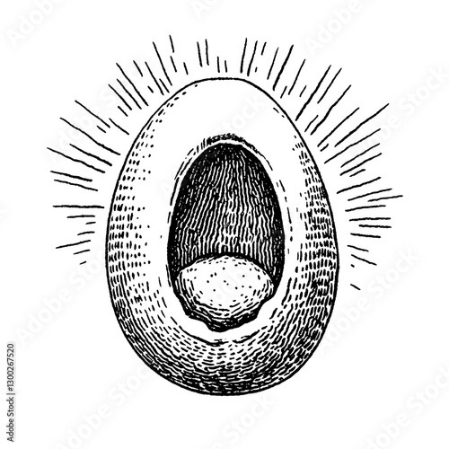 Engraved illustration of an abstract egg shape with rays emanating from the opening, symbolizing potential and life