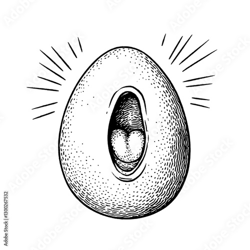 Unique vector engraved illustration of an abstract egg shape with a central opening and radiating lines