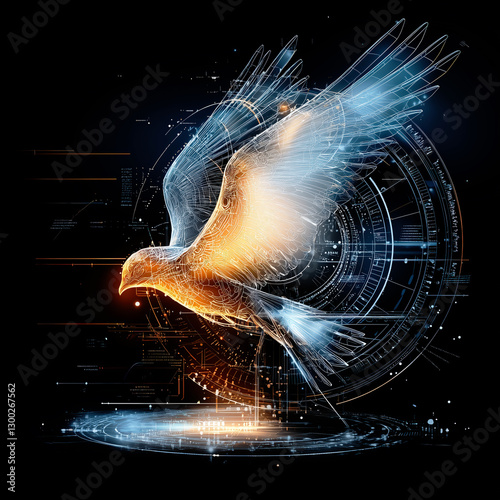 Futuristic cybernetic bird with glowing wings in a high-tech digital world