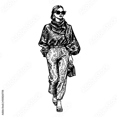 Chic woman strolling in stylish outfit showcasing modern urban fashion trends