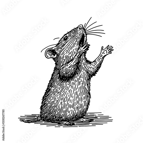 Detailed vector engraved illustration of a small mouse with raised paws in a pose of surprise or excitement