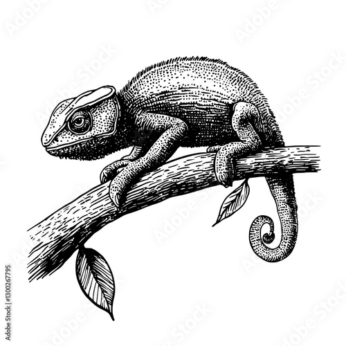 Detailed engraving of a chameleon perched on a branch surrounded by leaves in a natural setting