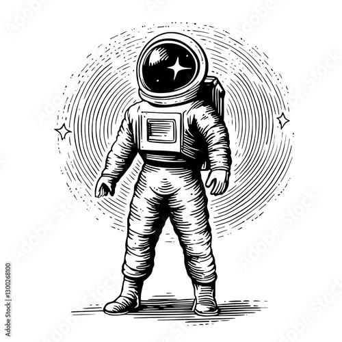 Engraved illustration of a space explorer in vintage astronaut suit surrounded by stars and cosmic elements