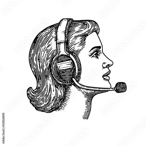 Vintage vector engraved illustration of a woman wearing a headset looking to the side during a communication activity