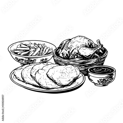 Popular traditional meal featuring roasted chicken, sliced meat, and fresh vegetables served in elegant dishes