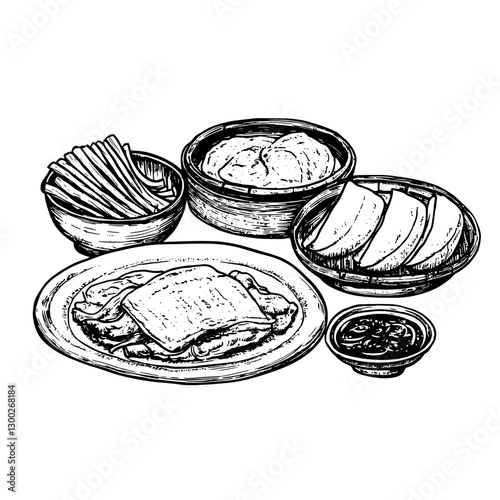 Engraved illustration showcasing a variety of traditional Asian dishes with dipping sauces and accompaniments