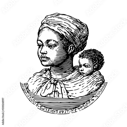 Engraved illustration of a woman with a child, showcasing maternal bond and historical context