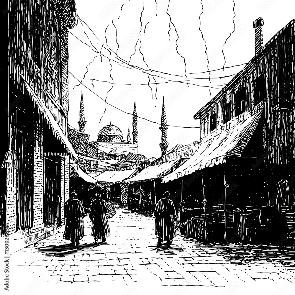 Fototapeta premium Engraved illustration of a historic market street showcasing architecture and daily life in an ancient city