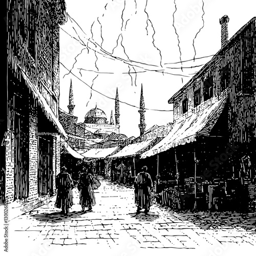 Engraved illustration of a historic market street showcasing architecture and daily life in an ancient city