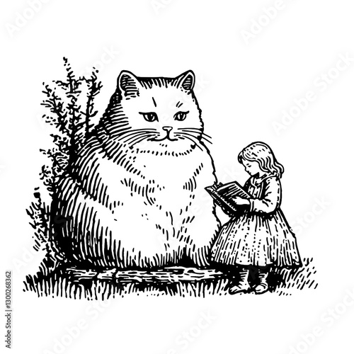 Charming interaction between a large cat and a young girl reading a book in a whimsical garden setting