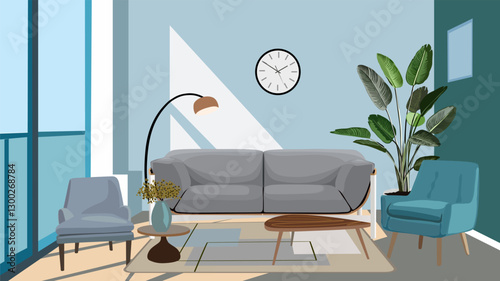 Modern Living room interior in trendy turquoise and teal colors. Comfortable sofa, armchairs, coffee table, house plant, vase, panoramic window with bright day lighting. Vector realistic illustration.