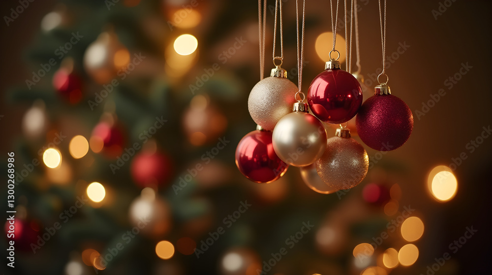 Fototapeta premium Festive Red and White Hanging Christmas Ornaments Bokeh Lights Tree