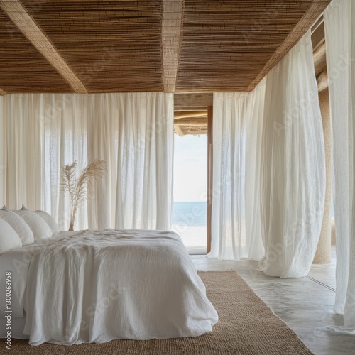 Coastal Bedroom Interior Design White Linen Bedding, Sheer Curtains, Ocean View