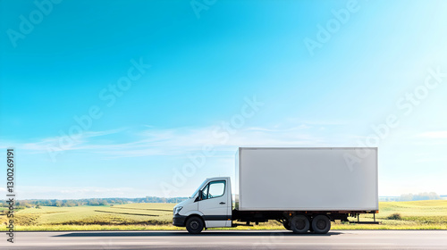 White Delivery Truck Driving On Asphalt Road With Blue Sky and Golden Field Background