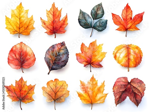 Vibrant Watercolor Maple Leaf Collection on White Background with Copy Space