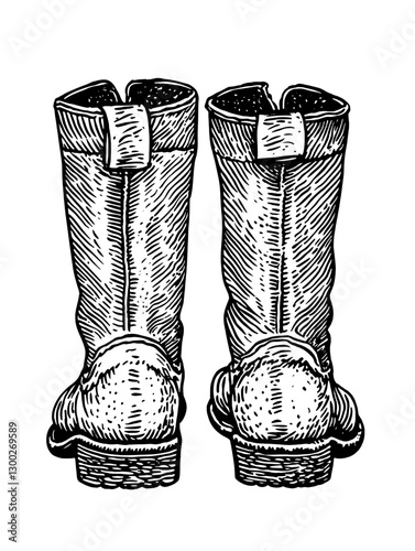 Detailed vector engraving of rugged leather boots showcasing craftsmanship and design