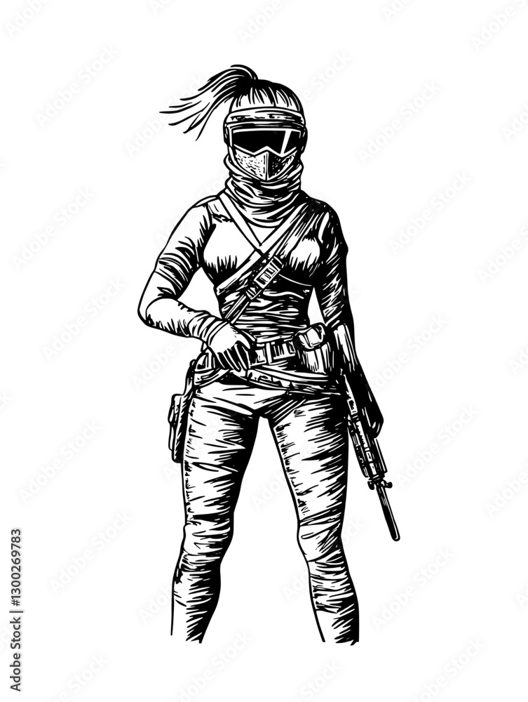 Vector engraved illustration of a female warrior holding a rifle, symbolizing strength and resilience in combat Vector engraved illustration of a female warrior holding a rifle, symbolizing strength and resilience in combat