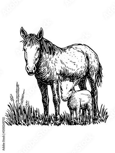 Engraved illustration of a horse and foal standing in a grassy field during daylight hours