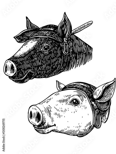 Engraved illustration of pig heads showcasing detailed features and traditional harnesses in a rustic style