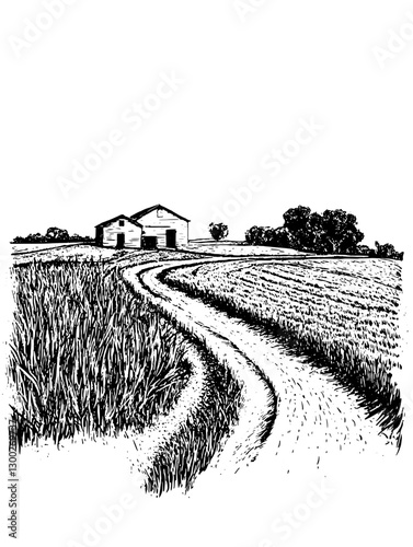 Vector engraved illustration of a rural landscape featuring a winding dirt road and farm buildings