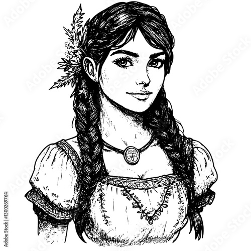 Engraved illustration of a young woman wearing traditional attire with braids and decorative elements