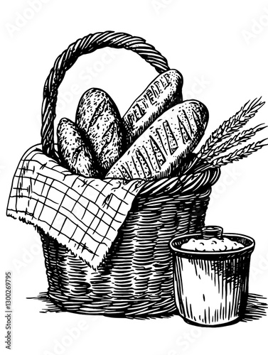 Engraved vector illustration of a bread basket with loaves and wheat, symbolizing traditional baking and local cuisine