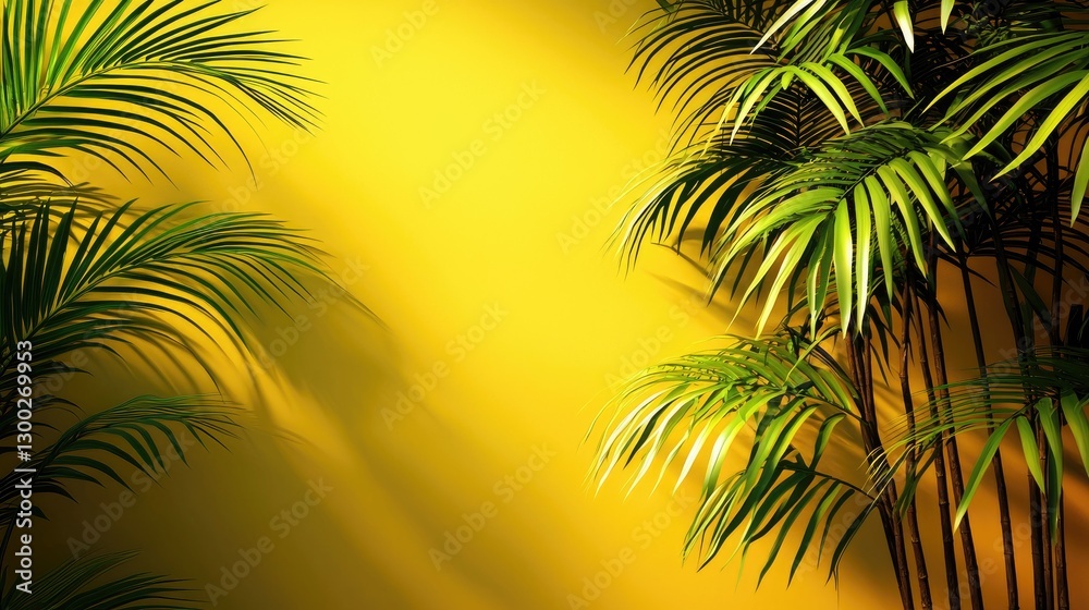 Fototapeta premium Tropical palm leaves, yellow wall, sunlight, shadow, summer background, design