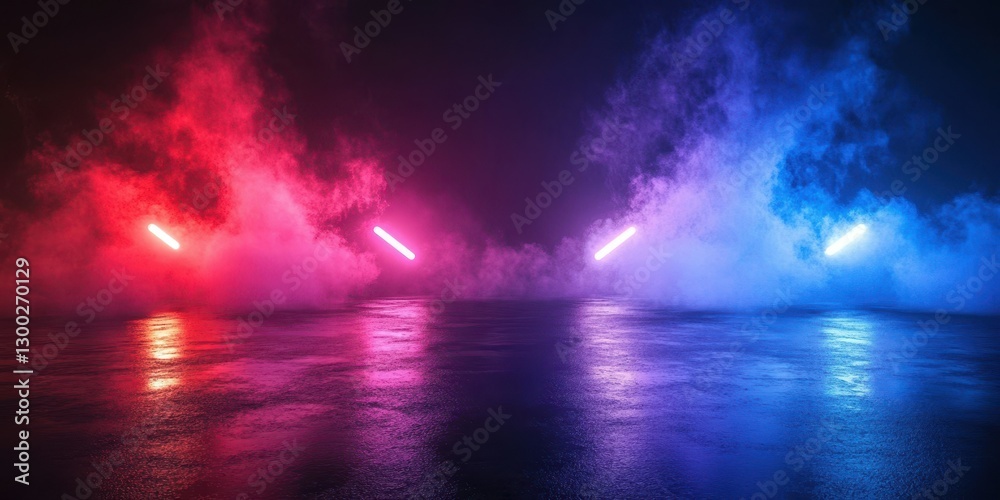 Colorful smoke effects with neon lights creating an atmospheric setting in a dark studio space Colorful smoke effects with neon lights creating an atmospheric setting in a dark studio space