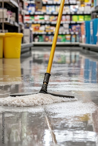 Mopping store floor cleaning water wet surface cleanliness cleaning.