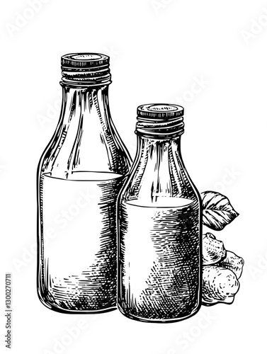 Vector engraved illustration of vintage milk bottles with ginger and leaves on a white background