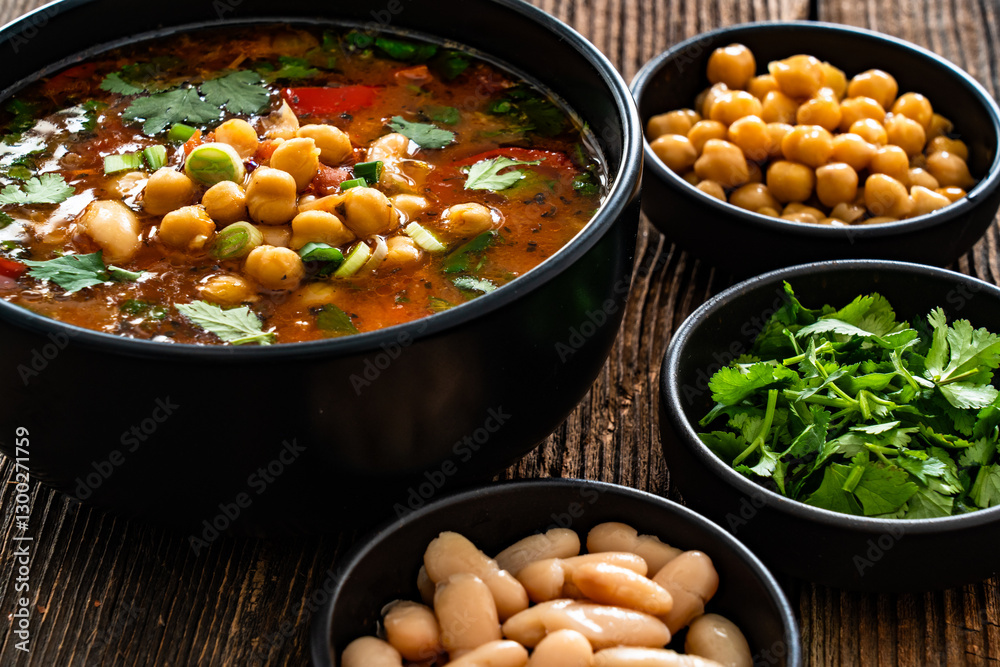 Fresh vegetable soup with chickpea on wooden table
Fresh vegetable soup with chickpea on wooden table