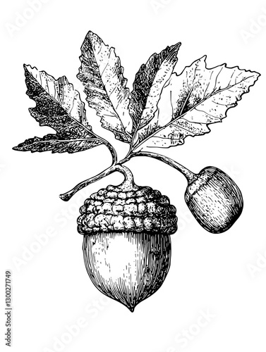 Engraved illustration of an oak tree acorn with leaves showcasing nature's intricate details and botanical beauty