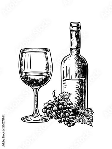 Vintage vector illustration of a wine glass, bottle, and grapes on a white background