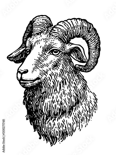 Vector engraved illustration of a ram's head showcasing intricate details of its features and fur texture with a focus on its distinctive horns