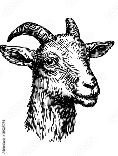Vector engraved illustration of a goat head showcasing fine details in features and expressions