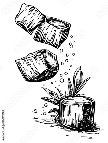 Vector engraved illustration of bamboo segments with leaves and flying fragments depicting natural beauty and craftsmanship