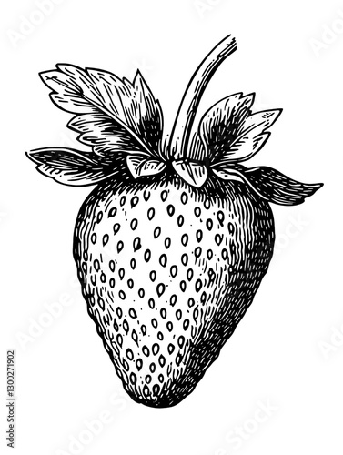 Vector engraved illustration of a strawberry showcasing its texture and detail with leaves