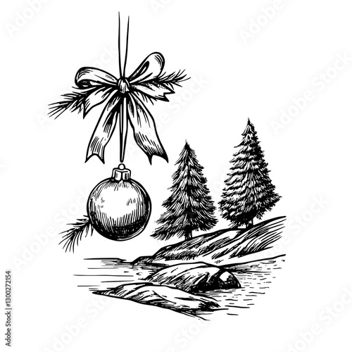 Festive vector engraved illustration featuring a Christmas ornament and evergreen trees by a tranquil lakeside