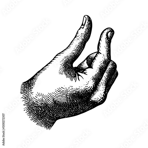 Hand gesture with two fingers raised symbolizing peace or good luck in a vintage engraved style